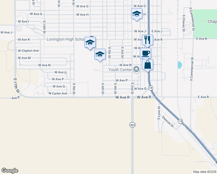 map of restaurants, bars, coffee shops, grocery stores, and more near 500 West Avenue Q in Lovington