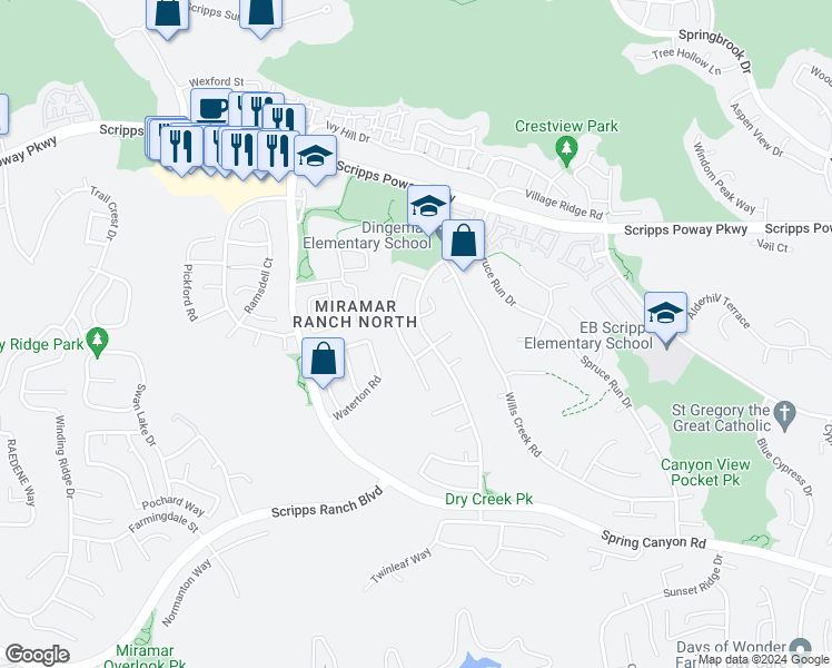 map of restaurants, bars, coffee shops, grocery stores, and more near 11674 Scripps Creek Drive in San Diego