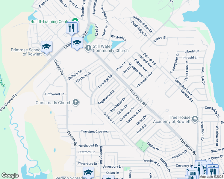 map of restaurants, bars, coffee shops, grocery stores, and more near 7509 Maplewood Drive in Rowlett