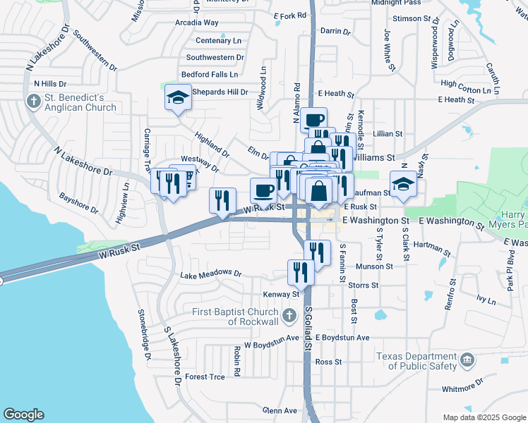 map of restaurants, bars, coffee shops, grocery stores, and more near 406 West Rusk Street in Rockwall