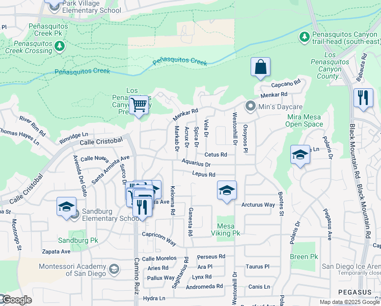 map of restaurants, bars, coffee shops, grocery stores, and more near 11307 Acrux Drive in San Diego