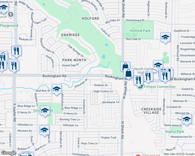 map of restaurants, bars, coffee shops, grocery stores, and more near 2626 West Buckingham Road in Garland