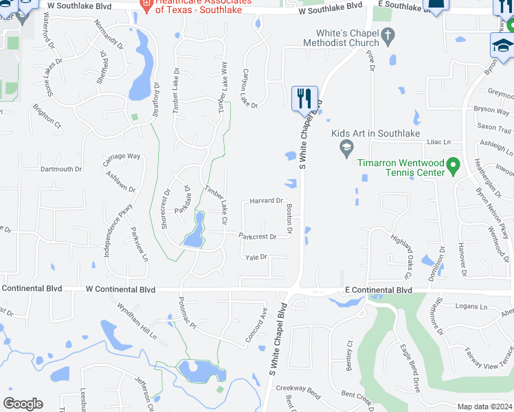 map of restaurants, bars, coffee shops, grocery stores, and more near 109 Harvard Drive in Southlake