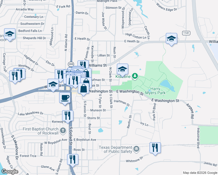 map of restaurants, bars, coffee shops, grocery stores, and more near 102 South Clark Street in Rockwall