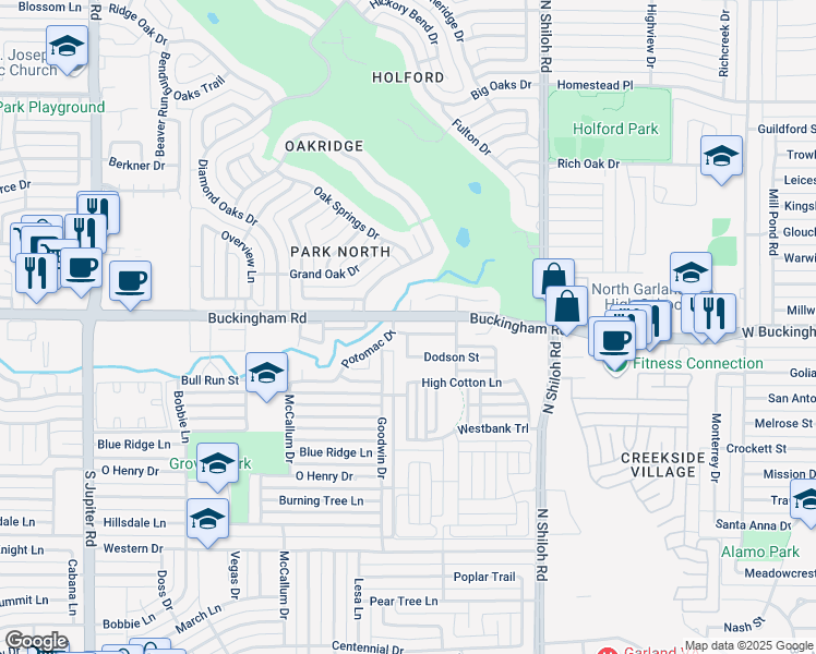 map of restaurants, bars, coffee shops, grocery stores, and more near 2741 Bechtol Street in Garland