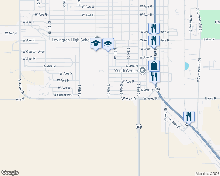 map of restaurants, bars, coffee shops, grocery stores, and more near 500 W Avenue Q in Lovington