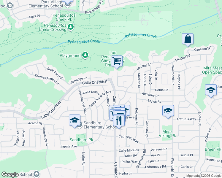 map of restaurants, bars, coffee shops, grocery stores, and more near 11750 Jonny Lane in San Diego