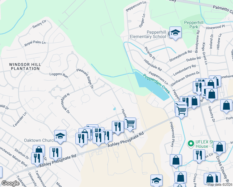 map of restaurants, bars, coffee shops, grocery stores, and more near 7635 Sandlapper Parkway in North Charleston