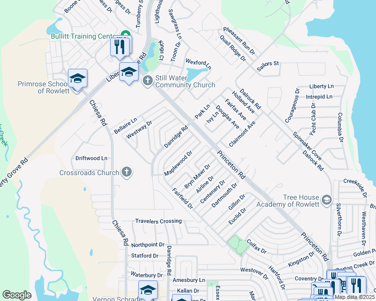 map of restaurants, bars, coffee shops, grocery stores, and more near 7509 Maplewood Drive in Rowlett