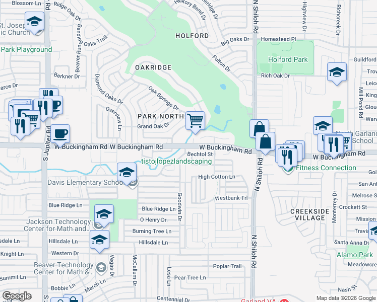 map of restaurants, bars, coffee shops, grocery stores, and more near 2741 Bechtol Street in Garland