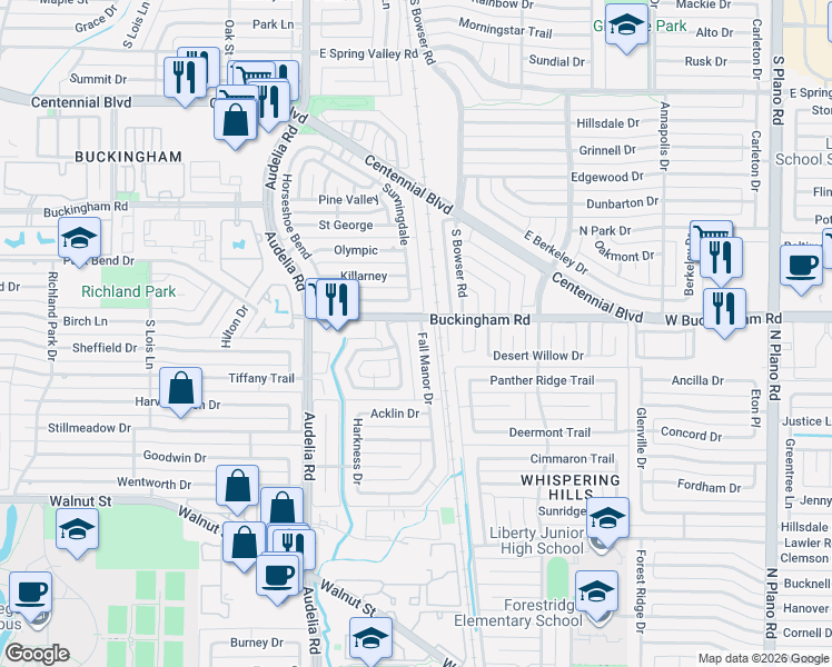 map of restaurants, bars, coffee shops, grocery stores, and more near 13347 Fall Manor Drive in Dallas