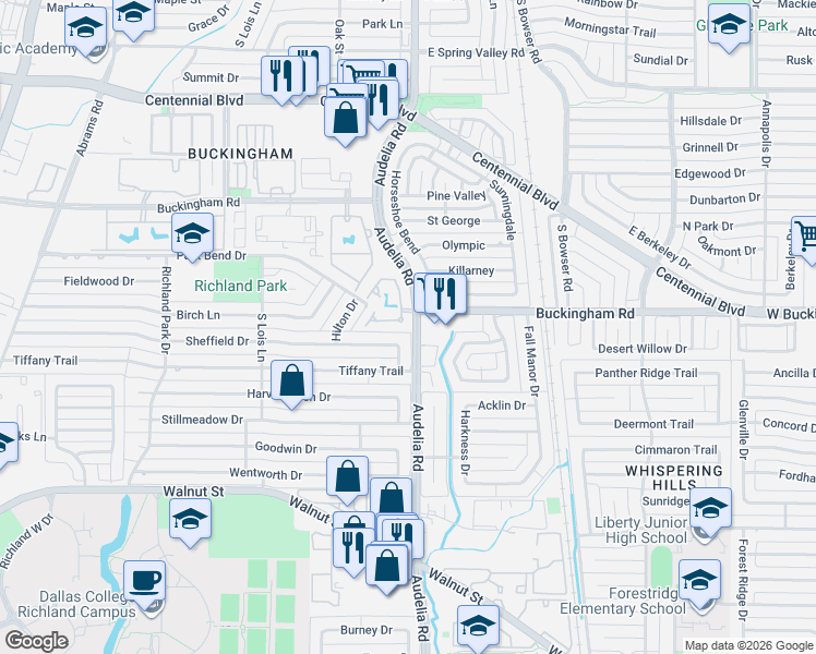 map of restaurants, bars, coffee shops, grocery stores, and more near 652 Laketrail Drive in Richardson