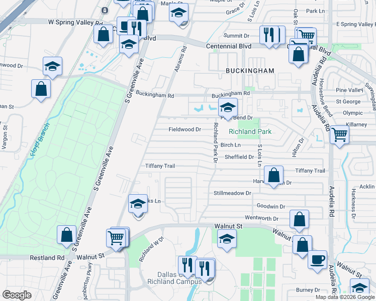 map of restaurants, bars, coffee shops, grocery stores, and more near 424 Birch Lane in Richardson
