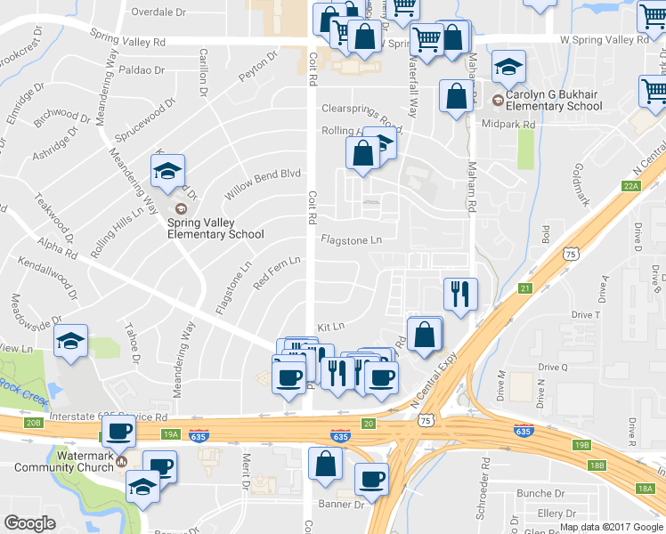map of restaurants, bars, coffee shops, grocery stores, and more near 13516 Red Fern Lane in Dallas