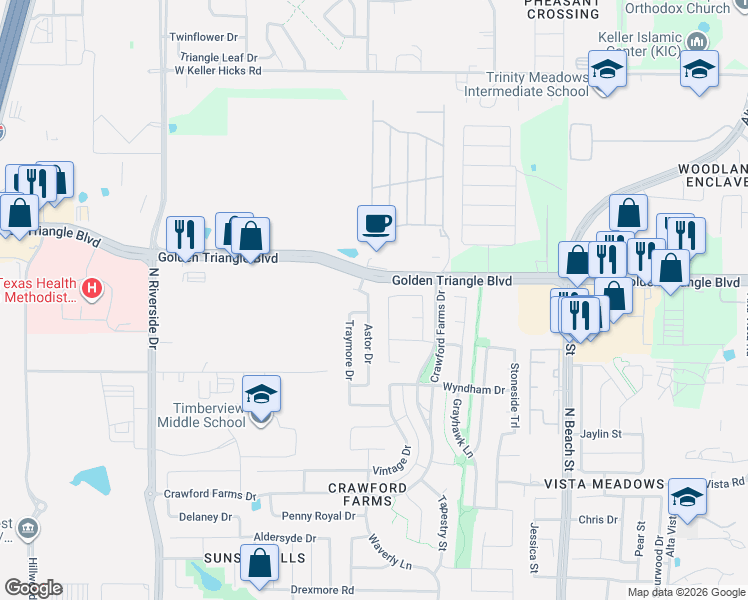 map of restaurants, bars, coffee shops, grocery stores, and more near 10813 Elmhurst Lane in Fort Worth