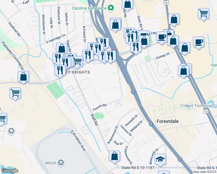 map of restaurants, bars, coffee shops, grocery stores, and more near 2540 Realm Street in North Charleston