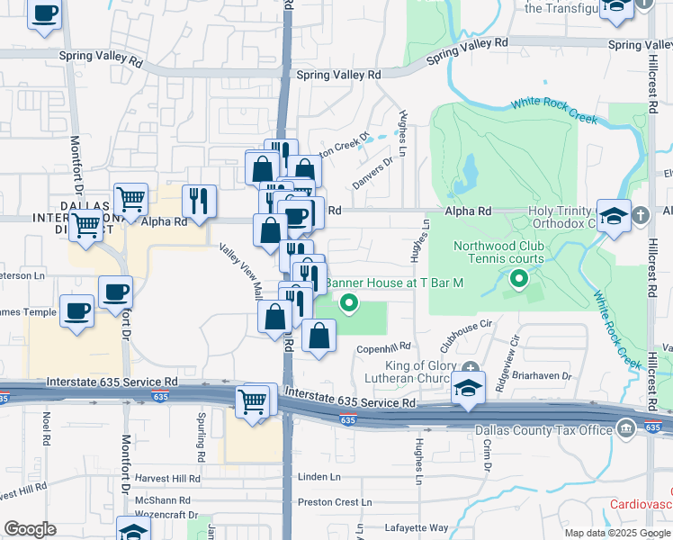 map of restaurants, bars, coffee shops, grocery stores, and more near 6104 Shadycliff Drive in Dallas