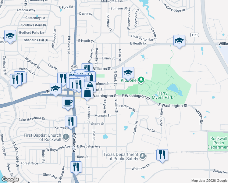 map of restaurants, bars, coffee shops, grocery stores, and more near 102 South Clark Street in Rockwall