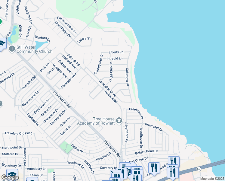 map of restaurants, bars, coffee shops, grocery stores, and more near 8006 Spinnaker Cove in Rowlett