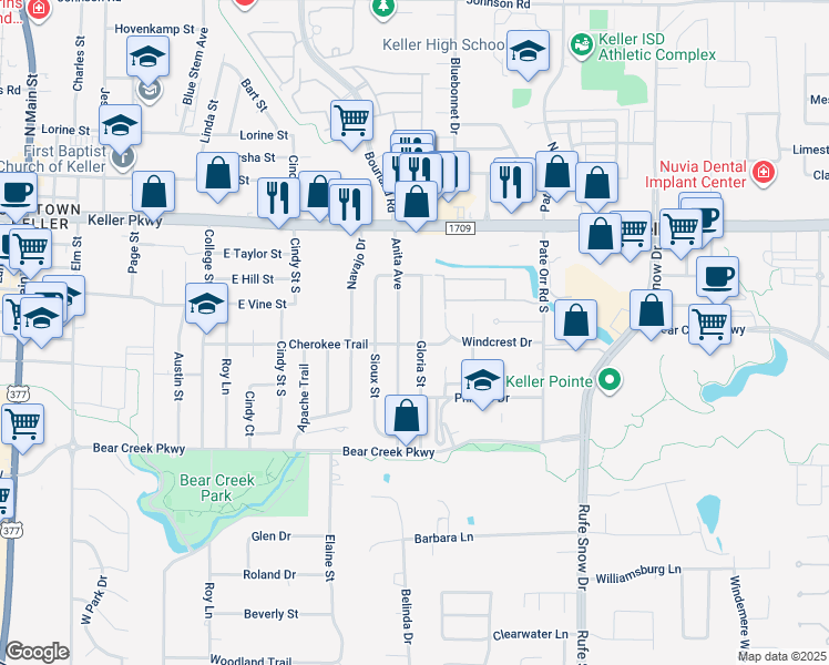 map of restaurants, bars, coffee shops, grocery stores, and more near 212 Gloria Street in Keller
