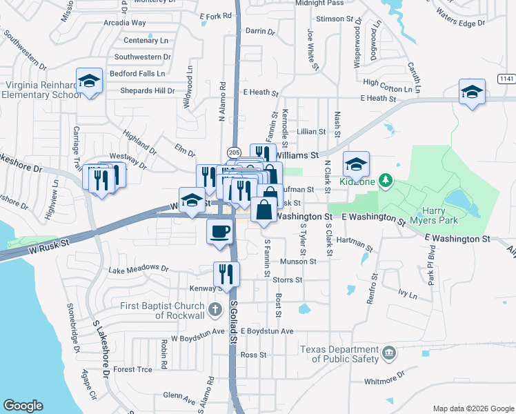 map of restaurants, bars, coffee shops, grocery stores, and more near 212 East Rusk Street in Rockwall
