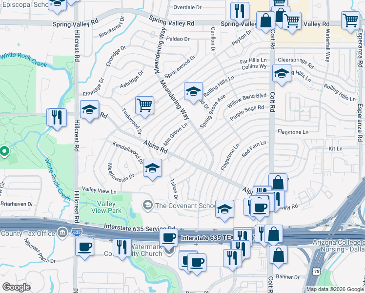 map of restaurants, bars, coffee shops, grocery stores, and more near 13424 Spring Grove Avenue in Dallas