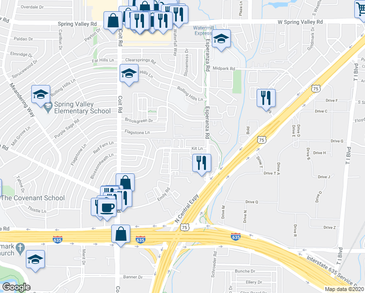 map of restaurants, bars, coffee shops, grocery stores, and more near 13525 Kit Lane in Dallas