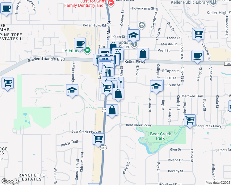 map of restaurants, bars, coffee shops, grocery stores, and more near 139 Olive Street in Keller