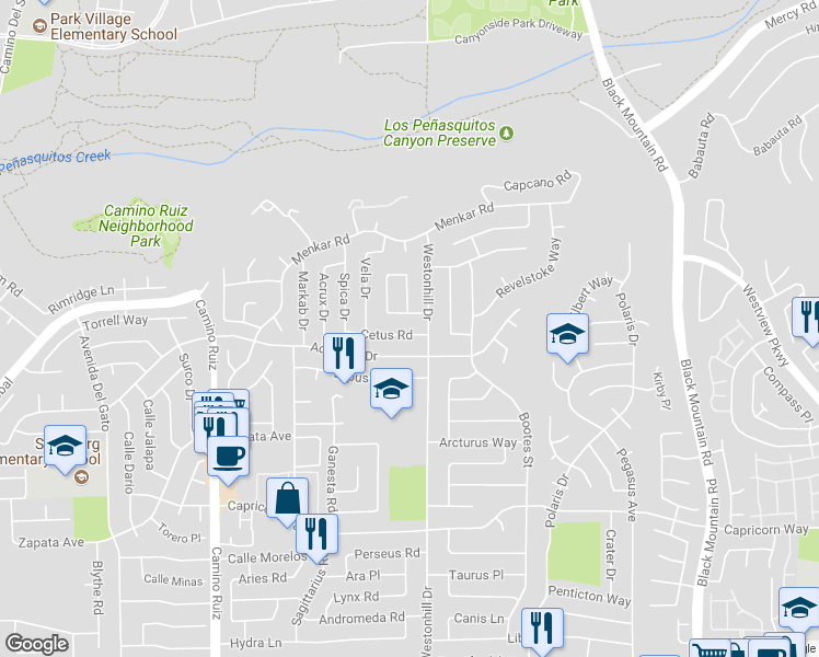 map of restaurants, bars, coffee shops, grocery stores, and more near 8690 Cetus Road in San Diego
