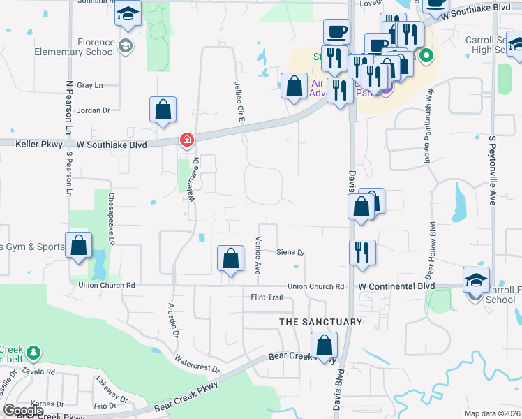 map of restaurants, bars, coffee shops, grocery stores, and more near 707 Portofino Place in Southlake