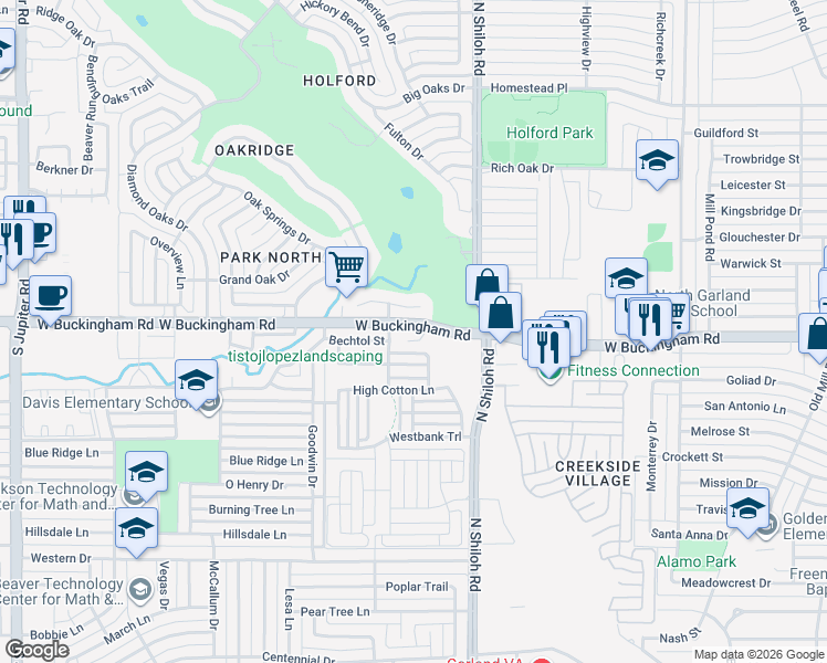 map of restaurants, bars, coffee shops, grocery stores, and more near 2598 West Buckingham Road in Garland
