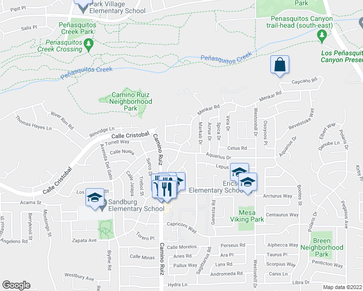 map of restaurants, bars, coffee shops, grocery stores, and more near Menkar Road & Jonny Lane in San Diego