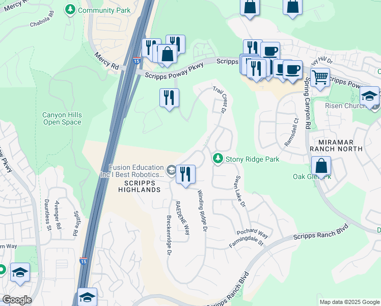 map of restaurants, bars, coffee shops, grocery stores, and more near 11682 Aspendell Drive in San Diego