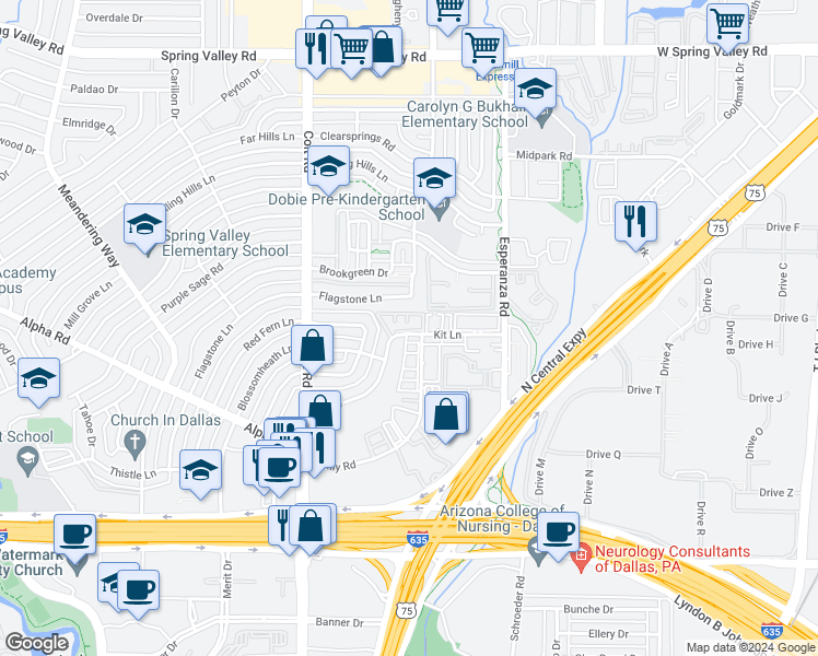 map of restaurants, bars, coffee shops, grocery stores, and more near 13435 Kit Lane in Dallas