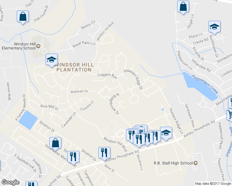 map of restaurants, bars, coffee shops, grocery stores, and more near 8209 North Ridgebrook Drive in Charleston