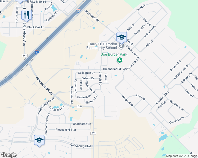 map of restaurants, bars, coffee shops, grocery stores, and more near 173 Churchill Drive in Fate