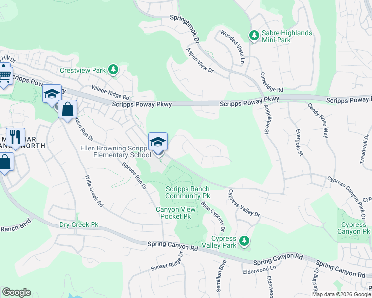 map of restaurants, bars, coffee shops, grocery stores, and more near 11665 Sardis Place in San Diego