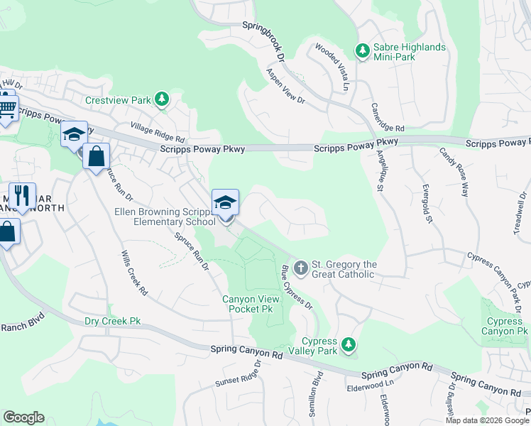 map of restaurants, bars, coffee shops, grocery stores, and more near 11661 Alderhill Terrace in San Diego