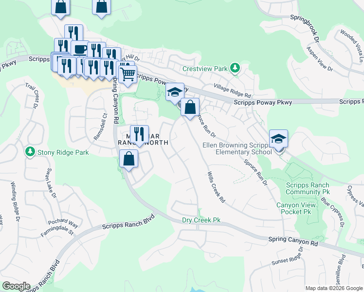 map of restaurants, bars, coffee shops, grocery stores, and more near 11712 Wills Creek Road in San Diego