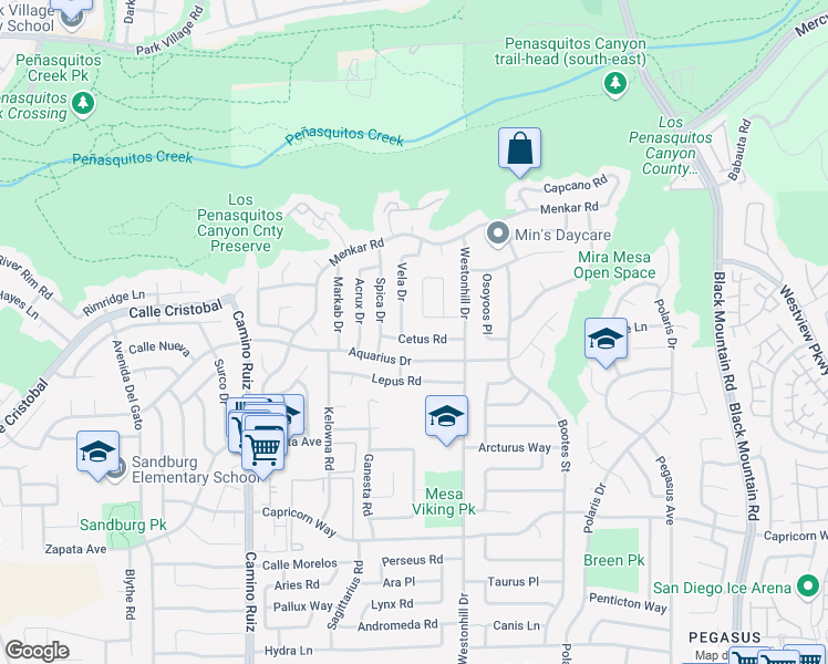 map of restaurants, bars, coffee shops, grocery stores, and more near 11315 Vela Drive in San Diego