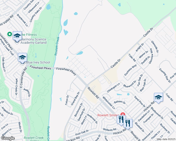 map of restaurants, bars, coffee shops, grocery stores, and more near 2900 Castle Drive in Rowlett