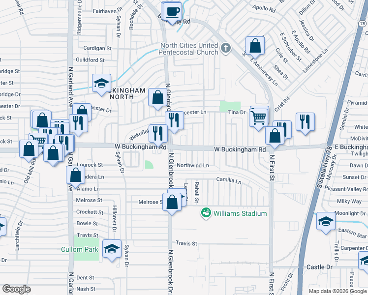 map of restaurants, bars, coffee shops, grocery stores, and more near in Garland