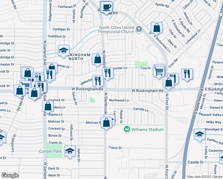 map of restaurants, bars, coffee shops, grocery stores, and more near in Garland