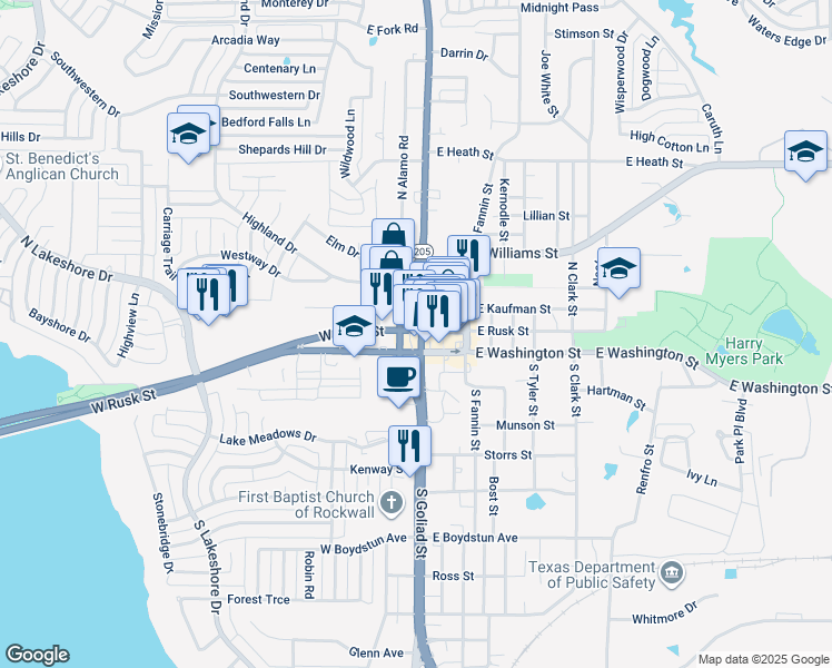 map of restaurants, bars, coffee shops, grocery stores, and more near 102 South Goliad Street in Rockwall