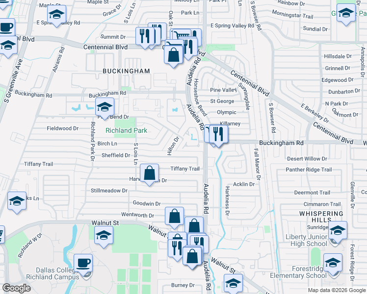 map of restaurants, bars, coffee shops, grocery stores, and more near 612 Laketrail Drive in Richardson