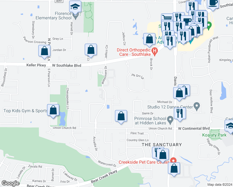 map of restaurants, bars, coffee shops, grocery stores, and more near 333 Watermere Drive in Southlake