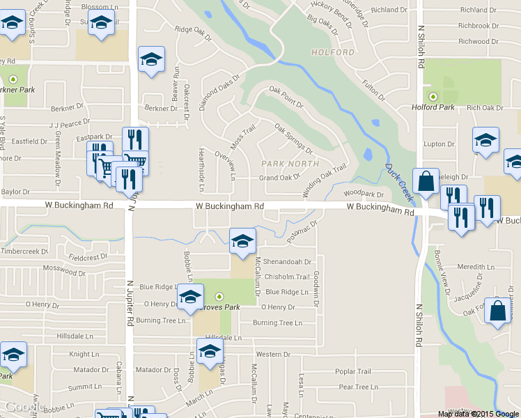 map of restaurants, bars, coffee shops, grocery stores, and more near 3013 Waterfront Circle in Garland