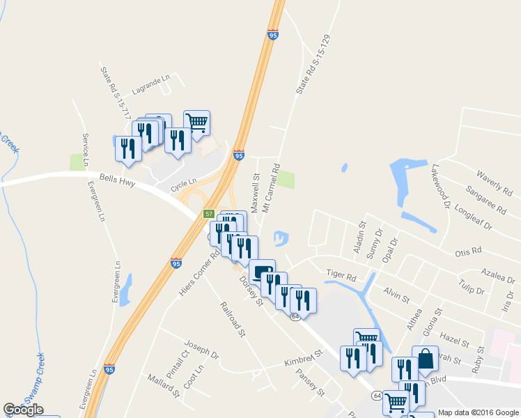 map of restaurants, bars, coffee shops, grocery stores, and more near 225 Mount Carmel Road in Walterboro