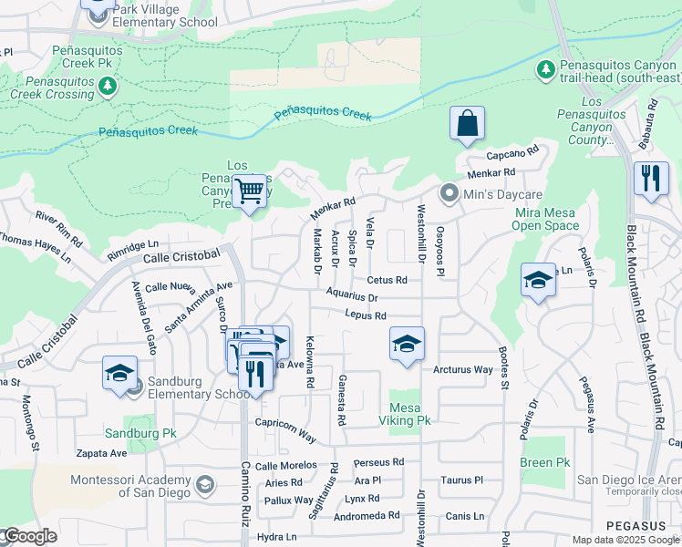 map of restaurants, bars, coffee shops, grocery stores, and more near 11307 Acrux Drive in San Diego