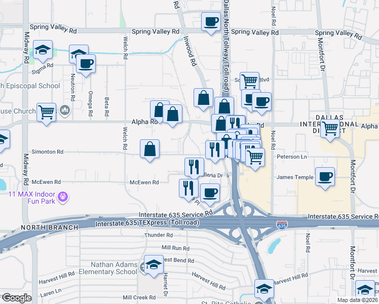 map of restaurants, bars, coffee shops, grocery stores, and more near 13505 Inwood Road in Farmers Branch